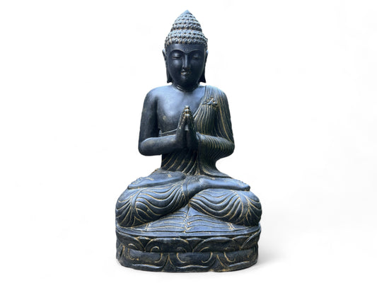 Wetterfeste Buddha Stein Statue, 150cm - Harmonisierende Skulptur für Außenbereich aus Lavasand Steingemisch