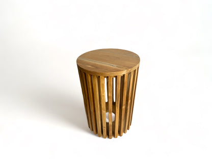 Teakholz-Beistelltisch - Holzhocker Couchtisch - Handgefertigt aus Massivholz – Holzleisten Rund - 50x30x30 cm