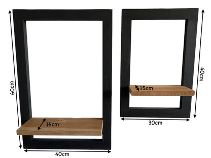 Holz Hängeregal - Wandregal Ablage Regal - Modern Schwarzer Rahmen Naturbraune Abstellfläche - 2er-Set - 60x40x2 & 40x30x2 cm