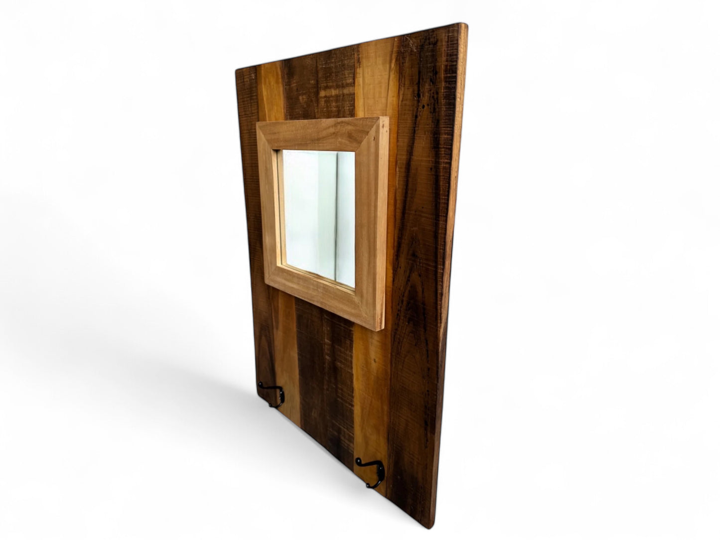 Wandgarderobe mit Spiegel - Integrierter Spiegel mit Zwei Haken – Modern aus Mahagoni und Teakholz – 70x50 cm