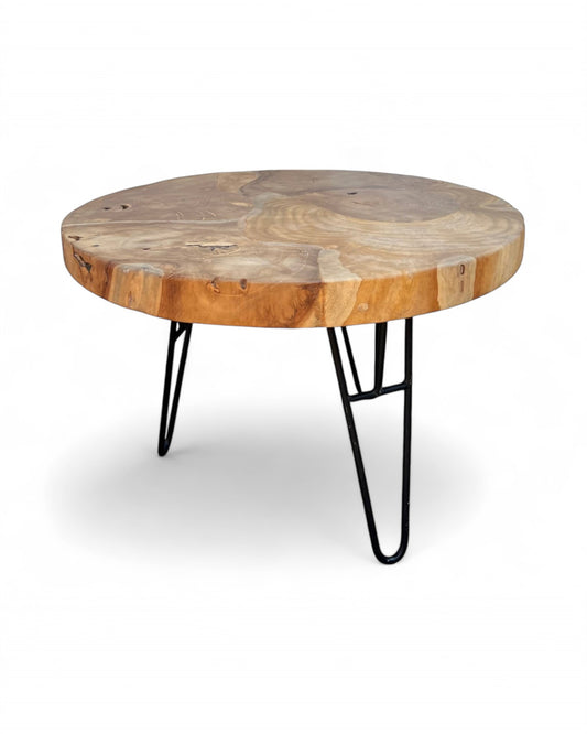 Round side table made of wood and metal: natural style meets modern design