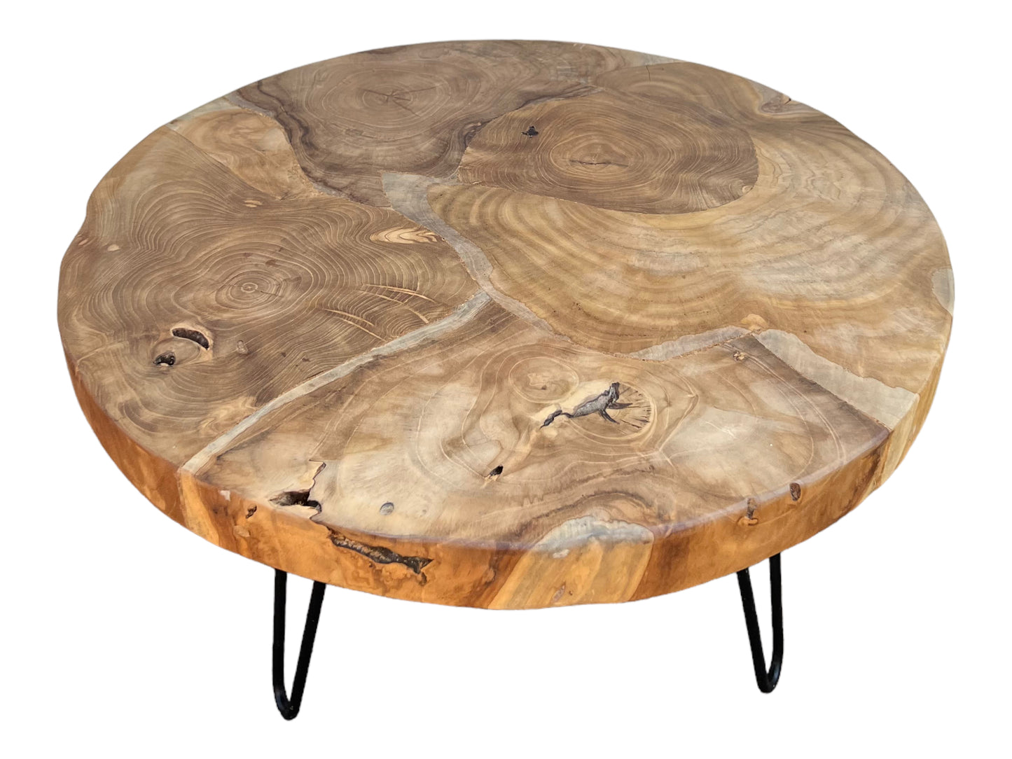 Holz Couchtisch – Beistelltisch Kaffeetisch – Mit drei Metallbeinen – Rund aus Teakholz – 60x60x43 cm