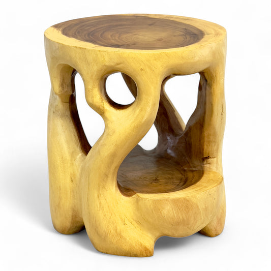 Holz Beistelltisch - Hocker, Nachttisch, Pflanzenhocker, Ablagetisch - Rundes Naturdesign mit organischer Form – Massiv aus Teakholz – 40x34x34 cm