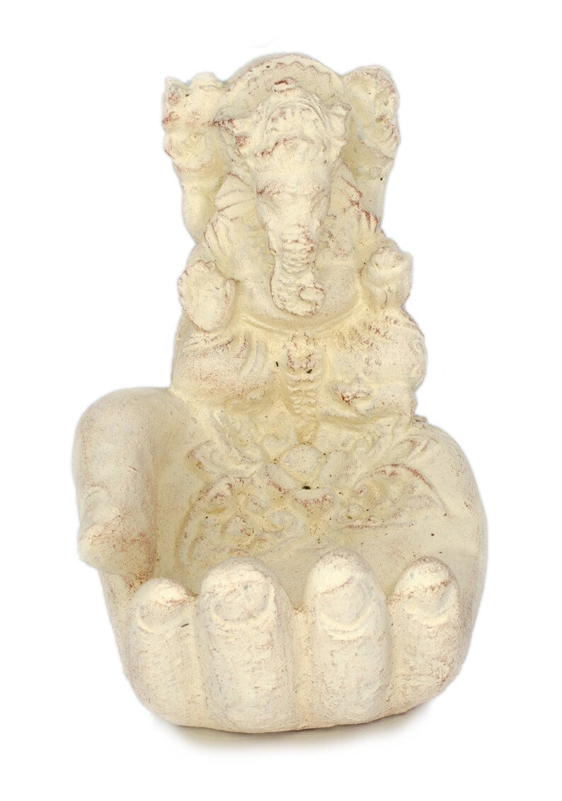 Ganesha Hand Skulptur - Deko Raumdeko Seifenschale Räucherstäbchen - Hindu Gottheit des Glückes - Elefant Weiß - 13x9x15 cm