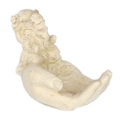 Ganesha Hand Skulptur - Deko Raumdeko Seifenschale Räucherstäbchen - Hindu Gottheit des Glückes - Elefant Weiß - 13x9x15 cm