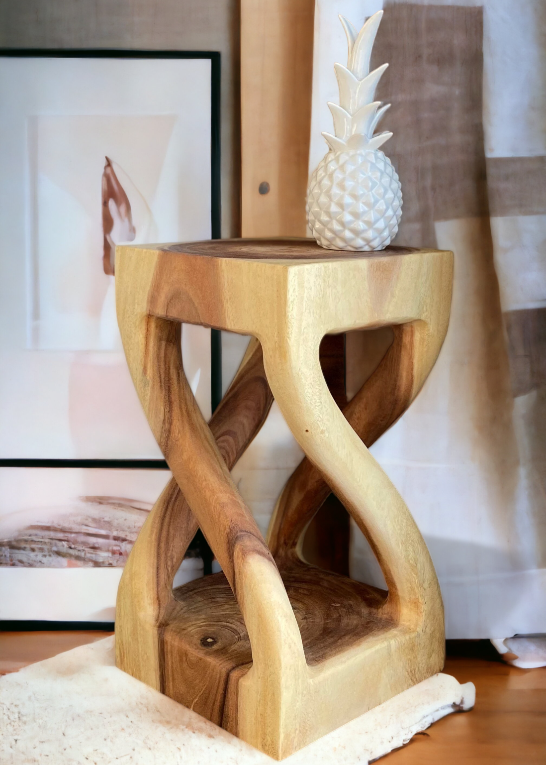 Holz Beistelltisch - Holzhocker Couchtisch - Handgefertigt - Gedreht aus hellen massivem Suarholz - 50x28x28 cm