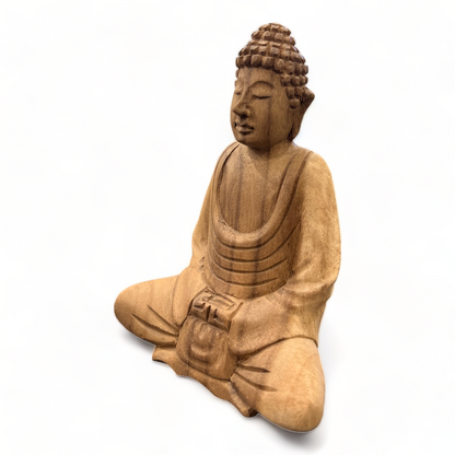 Buddha Statue - Deko Raumdeko Kunstwerk - Handgeschnitzt - Teakholz Natur - 15x12x8 cm