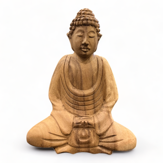 Buddha Statue - Deko Raumdeko Kunstwerk - Handgeschnitzt - Teakholz Natur - 15x12x8 cm