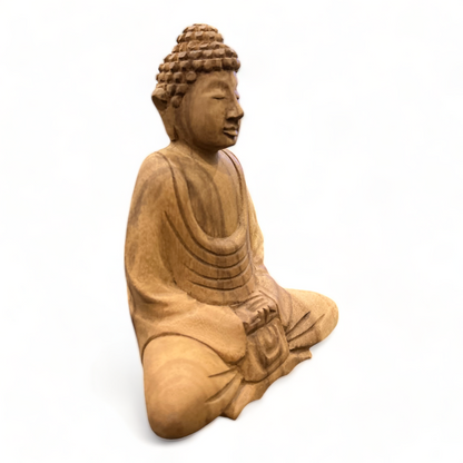 Buddha Statue - Deko Raumdeko Kunstwerk - Handgeschnitzt - Teakholz Natur - 15x12x8 cm