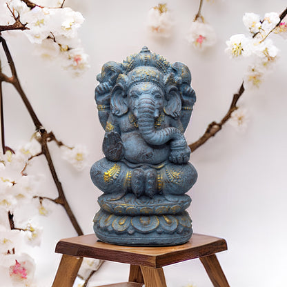 Ganesha Sculpture 34cm - Elephant Head Hindu Deity Statue - Handmade Lucky Charm Figure - Spiritual Decoration - Blue