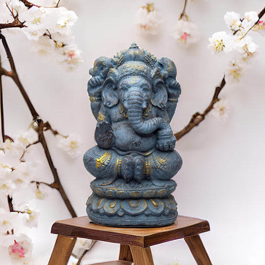 Ganesha Sculpture 34cm - Elephant Head Hindu Deity Statue - Handmade Lucky Charm Figure - Spiritual Decoration - Blue