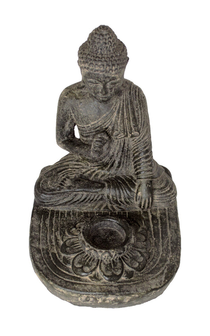 Buddha Sitzend - Teelicht Deko Kerzenhalter - Gegossene Stein Figur - Lava-Sand Steingemisch - 25x20x22 cm