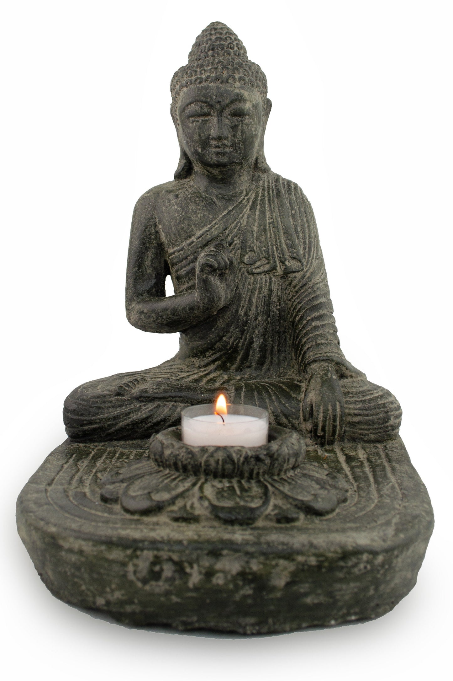 Buddha Sitzend - Teelicht Deko Kerzenhalter - Gegossene Stein Figur - Lava-Sand Steingemisch - 25x20x22 cm