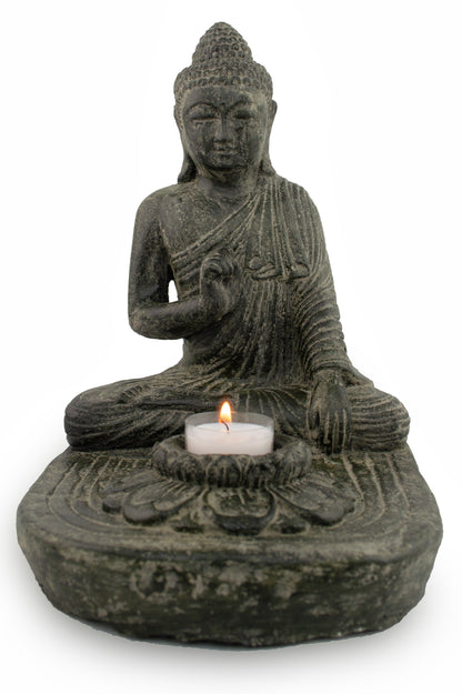 Buddha Sitzend - Teelicht Deko Kerzenhalter - Gegossene Stein Figur - Lava-Sand Steingemisch - 25x20x22 cm