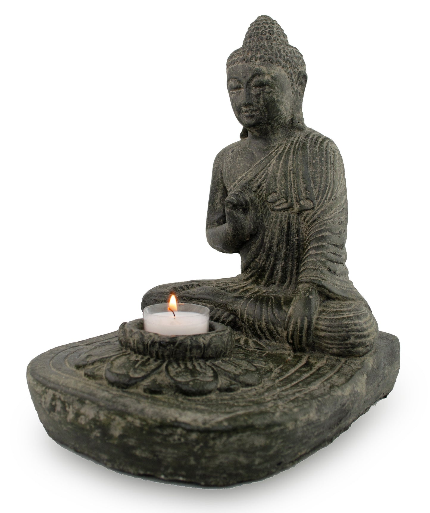 Buddha Sitzend - Teelicht Deko Kerzenhalter - Gegossene Stein Figur - Lava-Sand Steingemisch - 25x20x22 cm