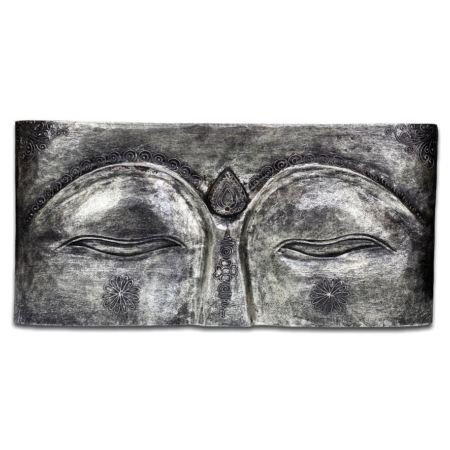 Buddha Augen - Wandbild Gemälde - Geschlitzt Relief Holz - Albasia Holz Grau - 78x40x4 cm