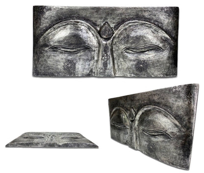 Buddha Augen - Wandbild Gemälde - Geschlitzt Relief Holz - Albasia Holz Grau - 78x40x4 cm