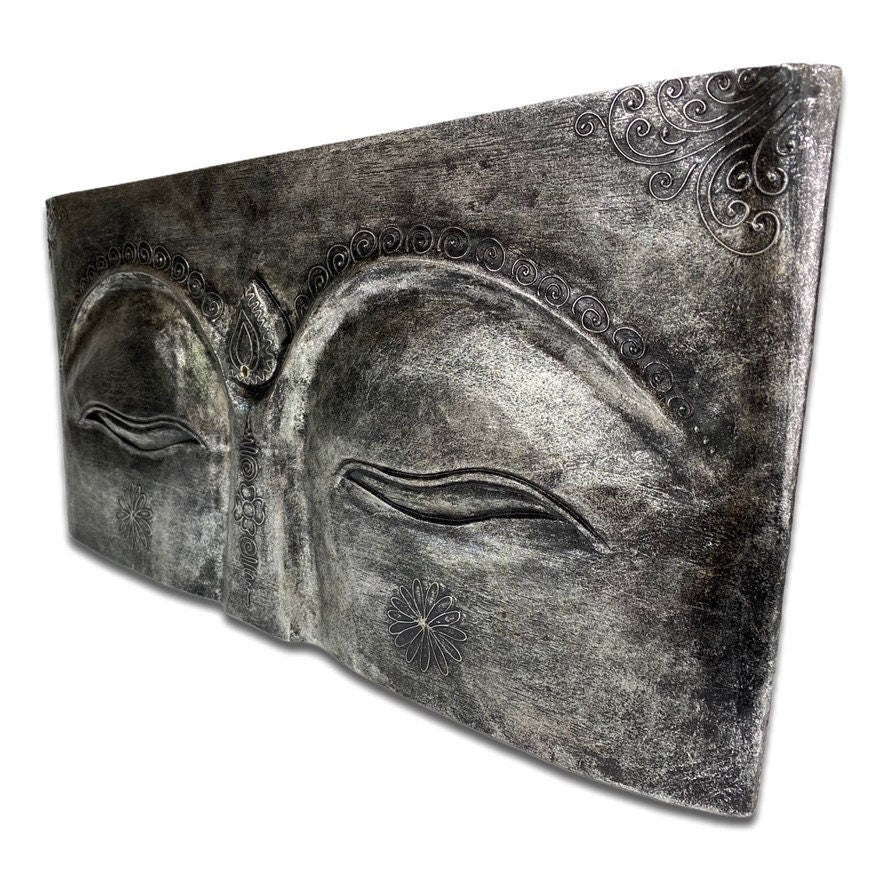 Buddha Augen - Wandbild Gemälde - Geschlitzt Relief Holz - Albasia Holz Grau - 78x40x4 cm